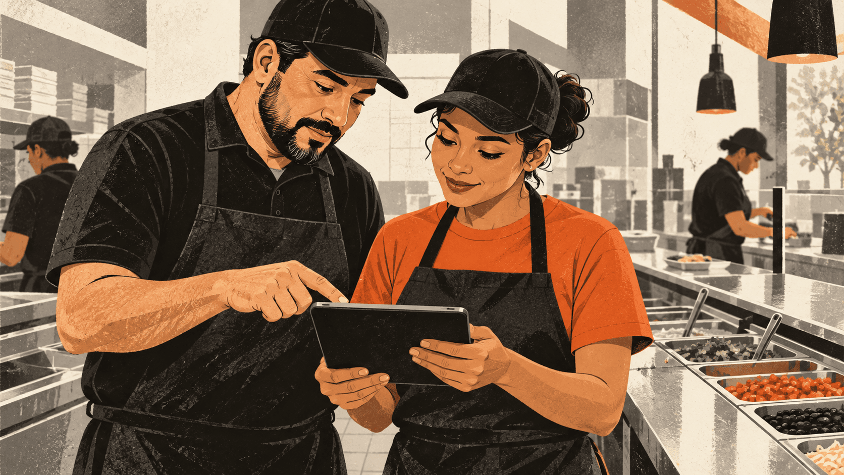 Illustration of a restaurant manager coaching an apprentice beside a food preparation line.